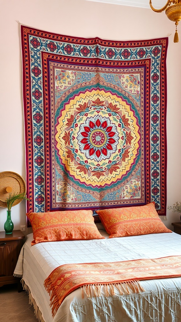 A richly textured tapestry with intricate designs hanging above a bed with orange pillows.