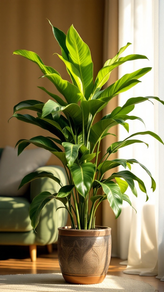 A rubber plant with rich green foliage in a stylish pot, positioned in a bright living room.