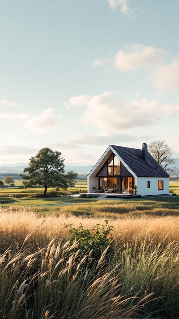 A charming modern cottage house in a serene rural landscape.