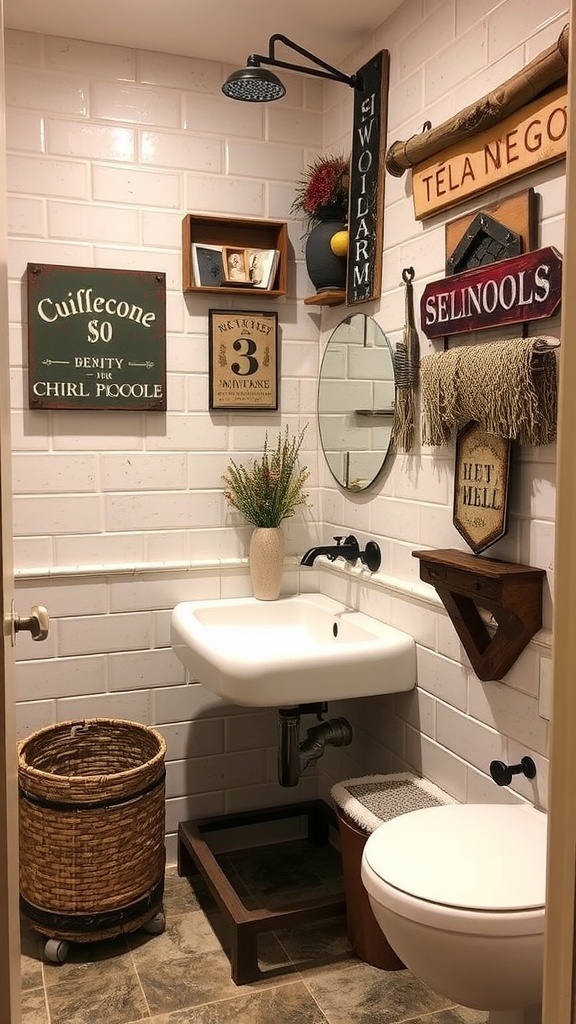 A rustic wet room featuring wooden accents, a vintage rug, and natural decor elements.