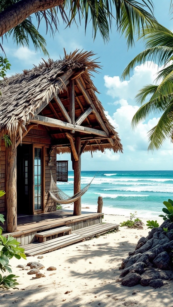 Rustic beach bungalow with a thatched roof and hammock near the ocean