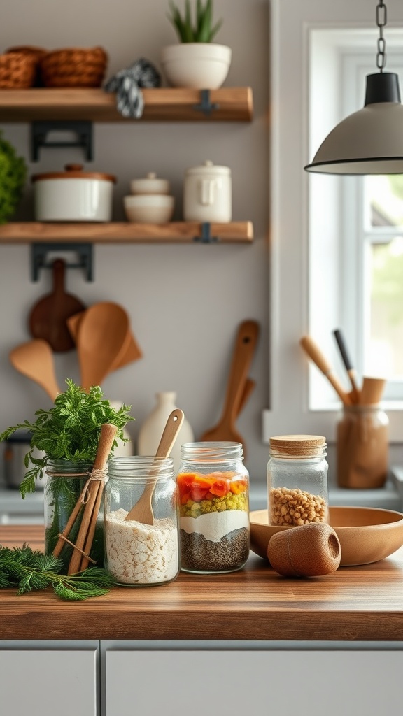 A kitchen countertop styled with mason jars containing herbs and ingredients, showcasing a rustic charm.