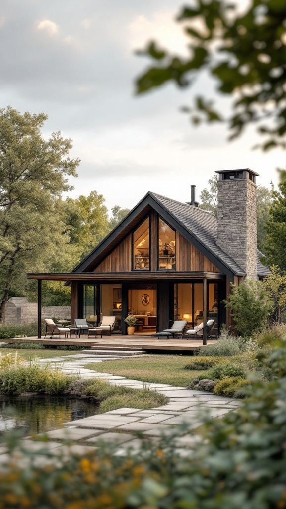 A modern cottage house with a wooden exterior, large windows, and a welcoming porch.