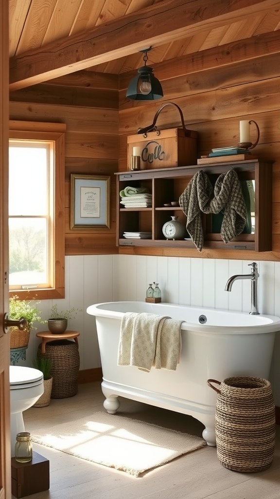 A rustic farmhouse bathroom featuring wooden walls, a freestanding tub, and natural decor.