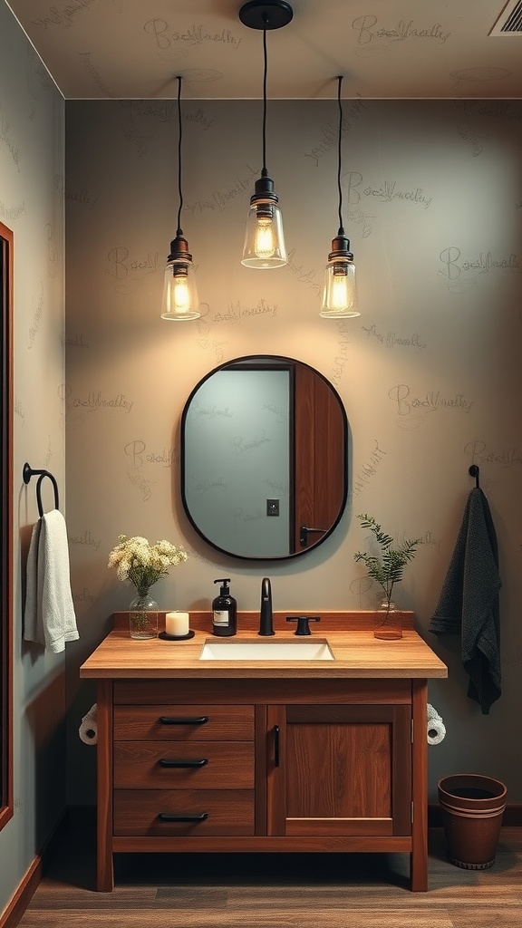 A rustic wet room with pendant lighting, a wooden vanity, and a round mirror.