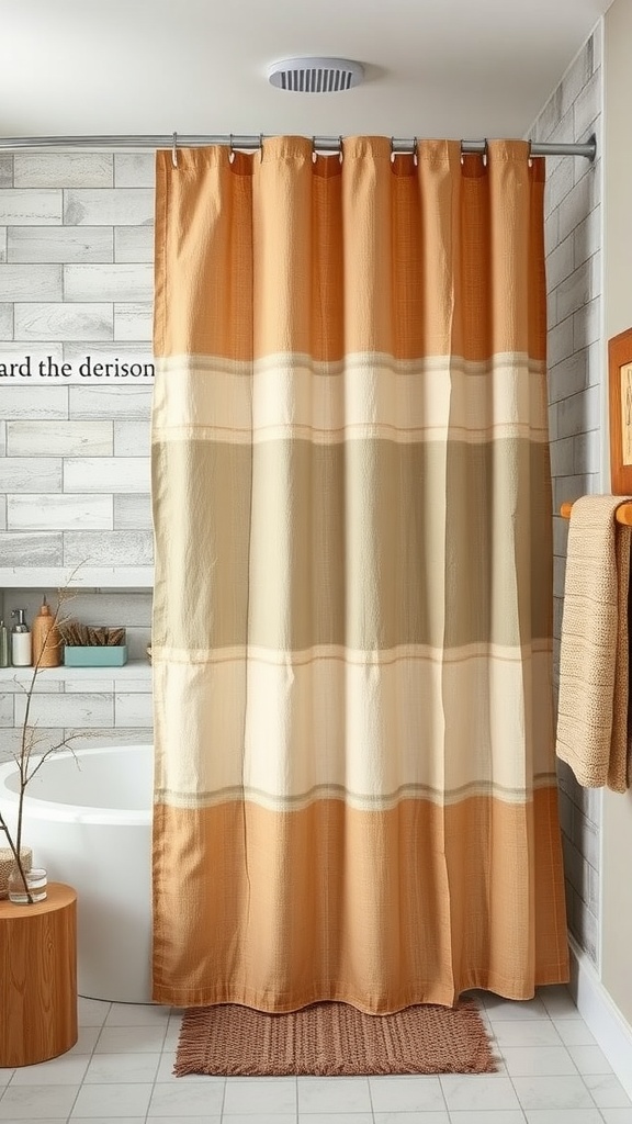 A rustic shower curtain in warm tones, enhancing a cozy bathroom space.