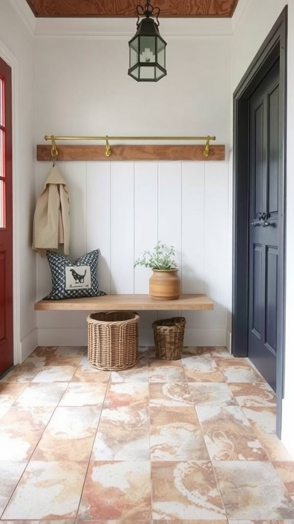 A hallway featuring rustic tile flooring with earthy tones, a wooden bench, and decorative elements.