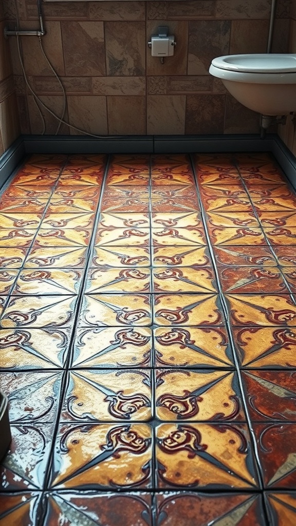 Colorful rustic tile floor in a wet room