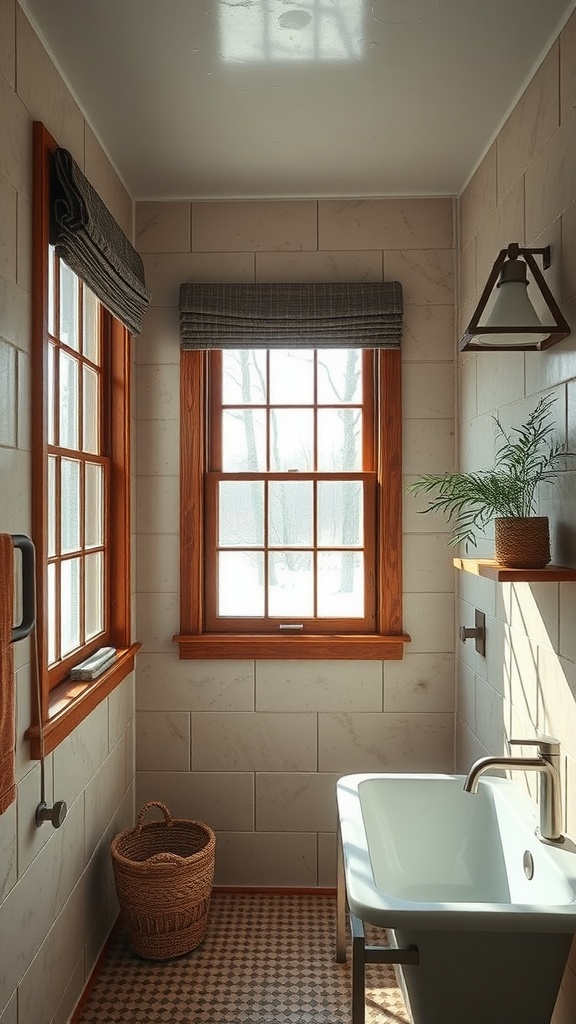 A rustic wet room featuring wooden windows and simple window treatments.