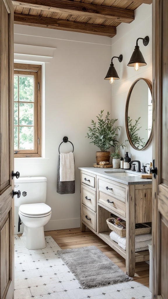 A cozy farmhouse bathroom featuring rustic wood accents and natural elements.