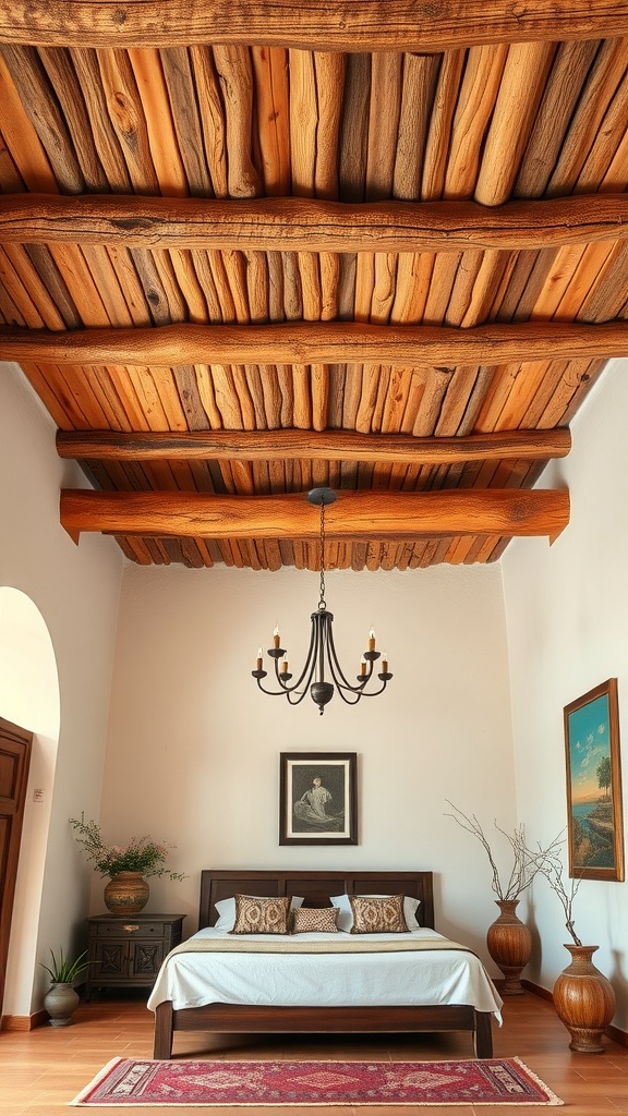 A cozy bedroom featuring rustic wooden beams on the ceiling, a simple bed, and decorative elements.