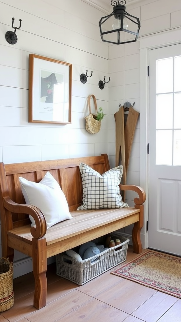 A rustic wooden bench with cushions in a cozy entryway.