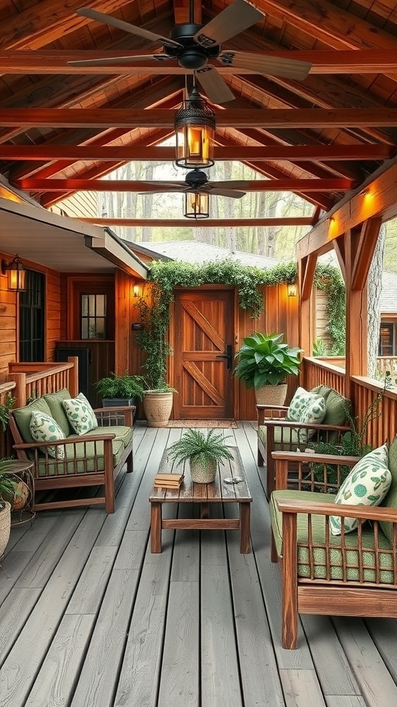 Cozy rustic wooden deck with comfortable seating and plants