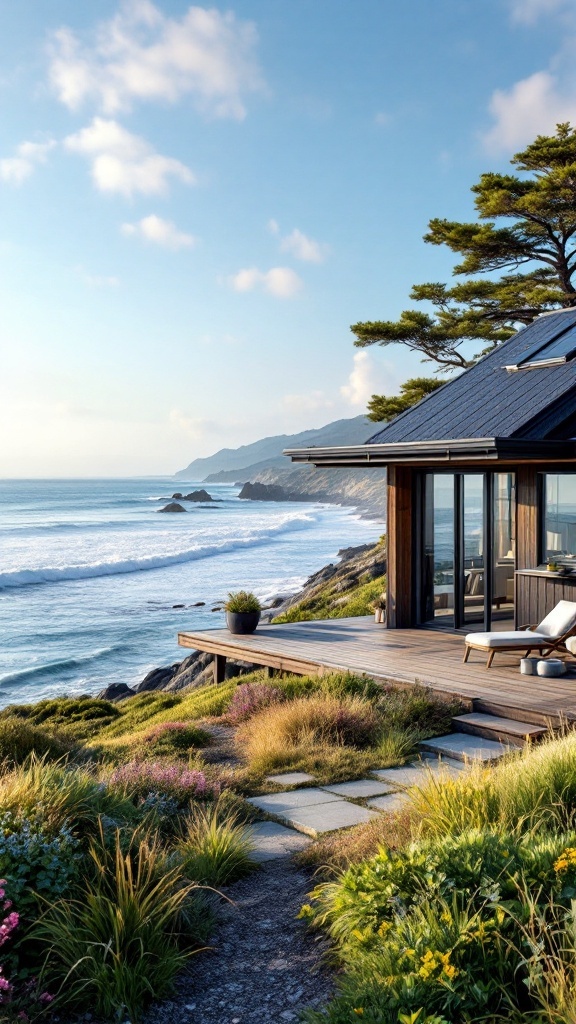 A modern cottage house overlooking the sea with a wooden deck and greenery.