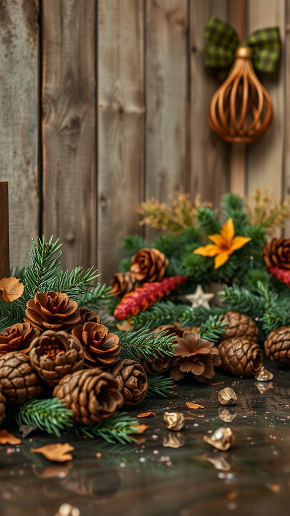 Rustic seasonal decor with pinecones and greenery