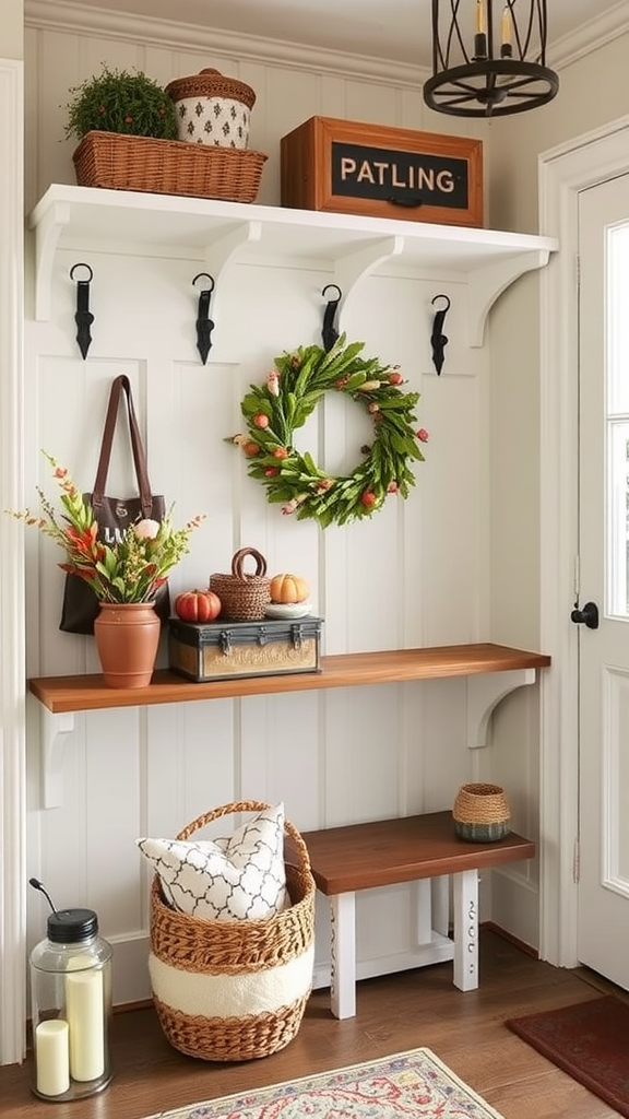 A welcoming entryway decorated with a wreath, pumpkins, and cozy baskets.