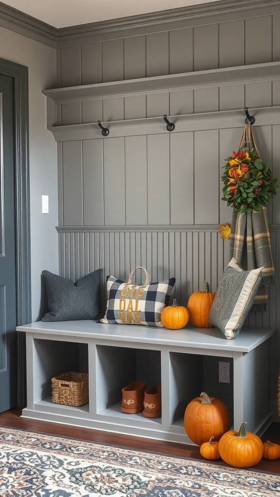 A cozy entryway featuring a grey bench, decorative pillows, pumpkins, and a seasonal wreath.