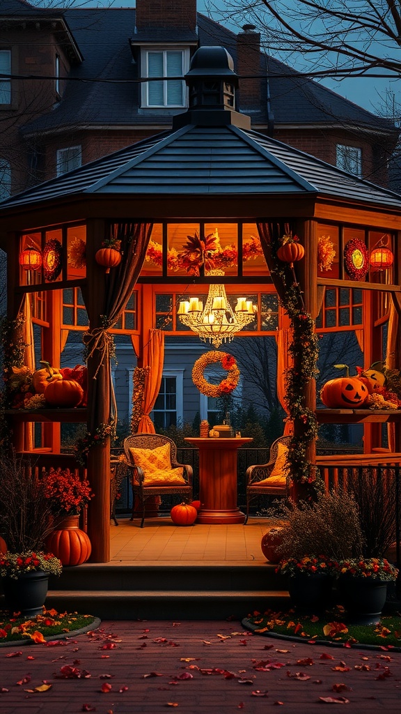 A beautifully decorated gazebo for autumn with pumpkins, fall leaves, and warm lighting.