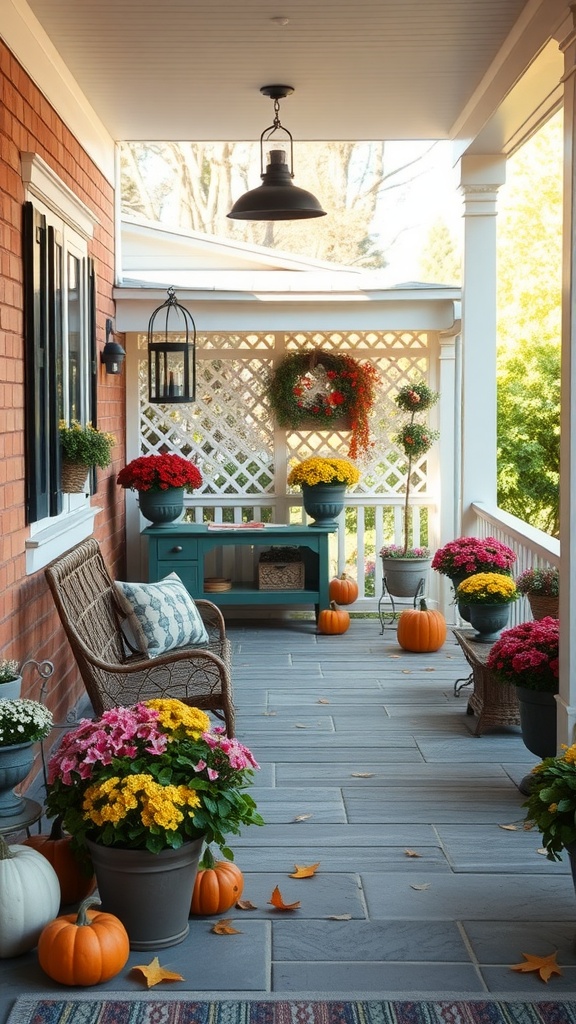 A cozy patio decorated with colorful flowers and pumpkins for fall