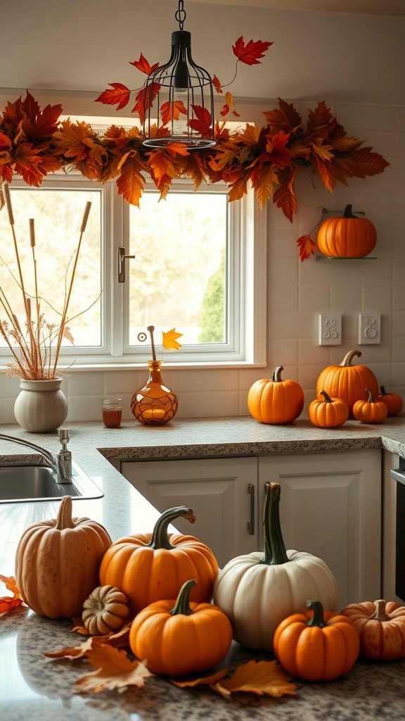 A cozy kitchen countertop decorated with various pumpkins and autumn leaves, showcasing seasonal decor for fall.