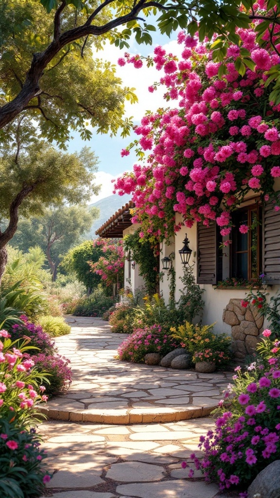 A beautiful Spanish house with colorful flowers and a stone pathway.