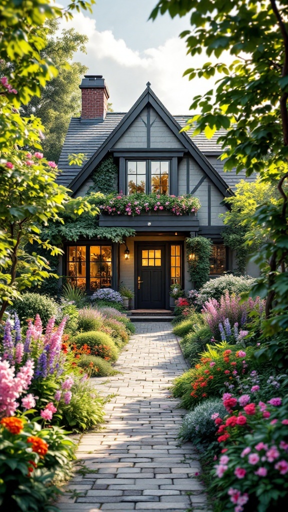 A charming cottage surrounded by colorful flowers and greenery, featuring a welcoming pathway and warm lights.