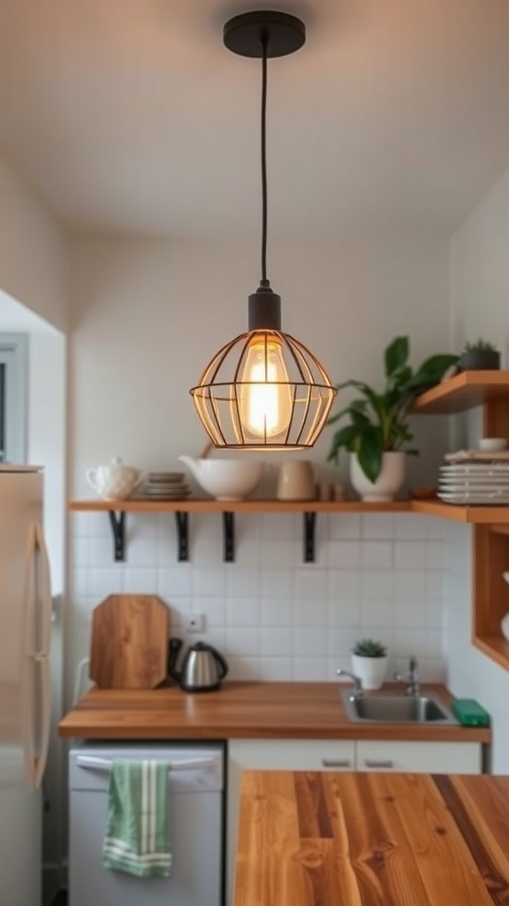 A stylish pendant light hanging in a small kitchen with wooden countertops and open shelves.