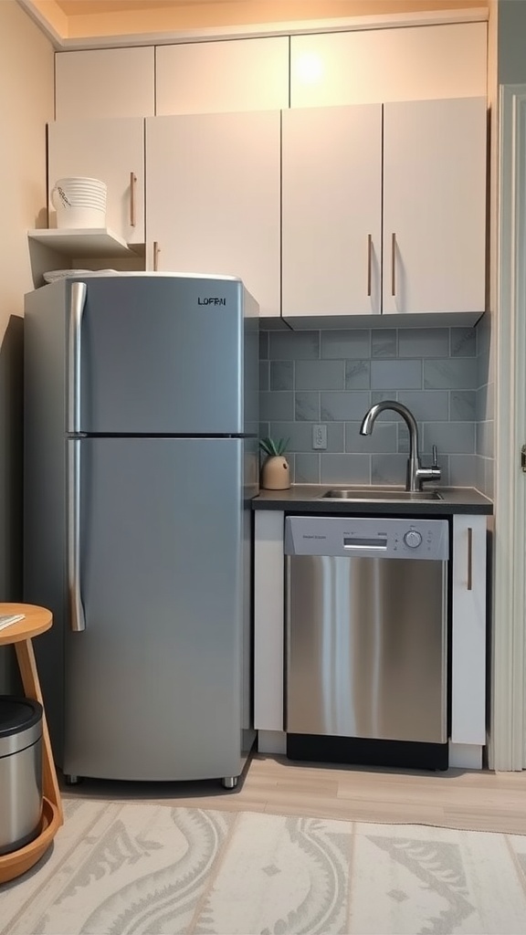 Compact kitchen appliances including a refrigerator and dishwasher in a modern kitchen setting.