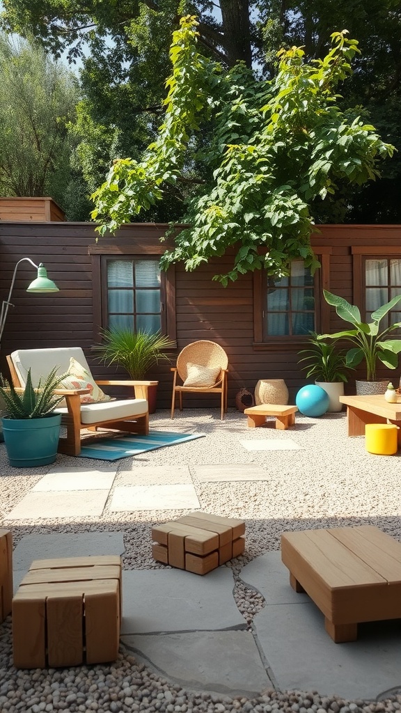 A cozy patio with textured surfaces and playful seating options for kids.