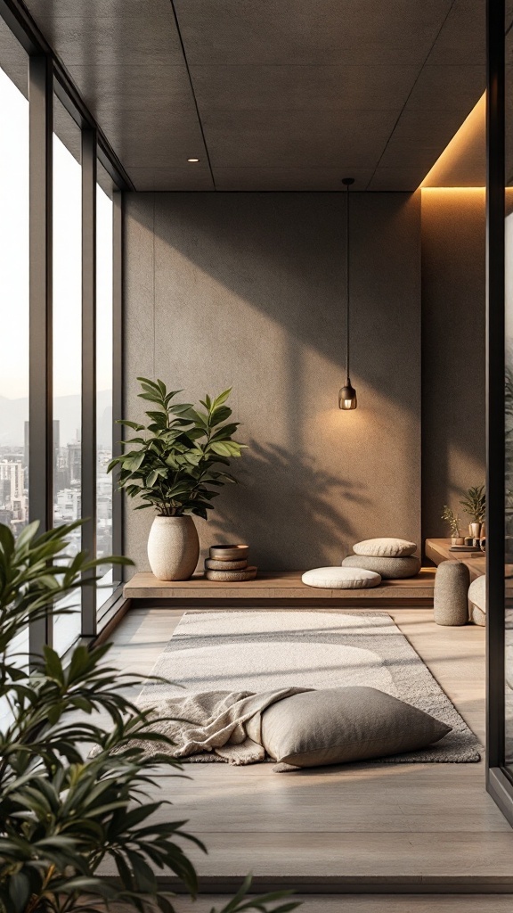 A serene Zen-inspired space in a luxury penthouse, featuring cushions, plants, and large windows.