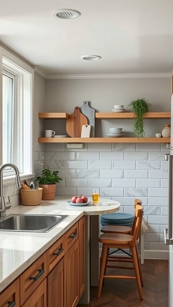 A kitchen with a breakfast nook featuring a small table, two chairs, and decorative shelves.