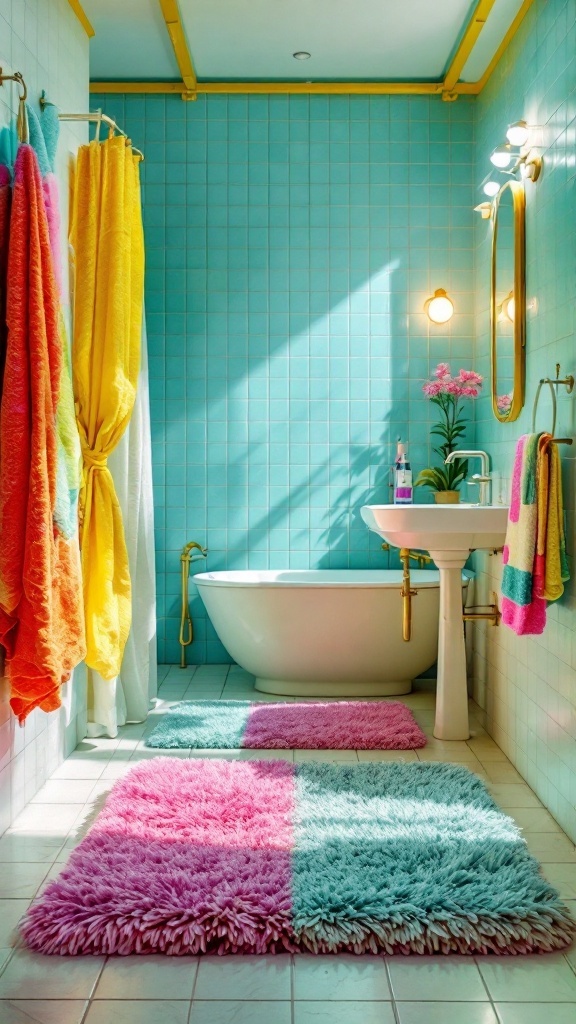 Colorful shaggy bathroom rugs in a vibrant 70s style bathroom