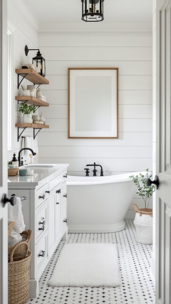 Farmhouse bathroom with shiplap walls, bathtub, and shelves.