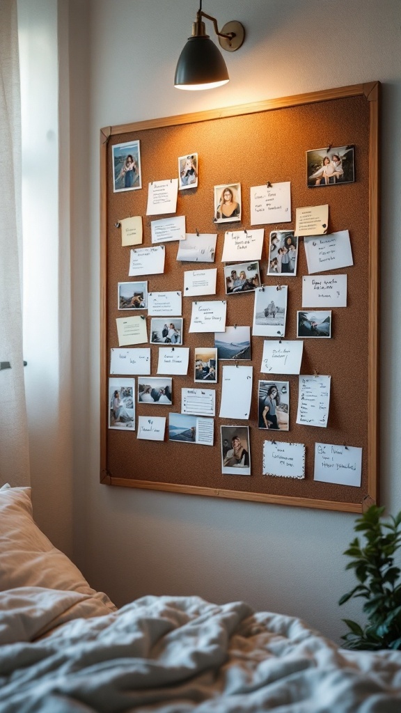 A cork bulletin board with photos and notes pinned up, illuminated by a wall lamp, set above a cozy bed.