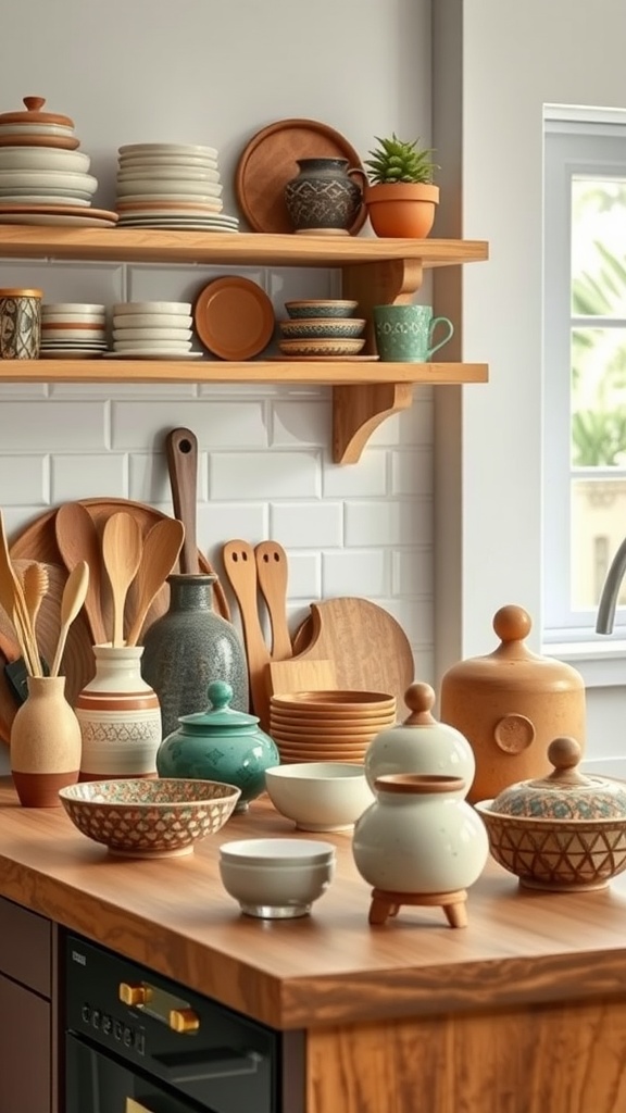 A collection of handcrafted items including bowls, plates, and utensils displayed on a kitchen countertop.