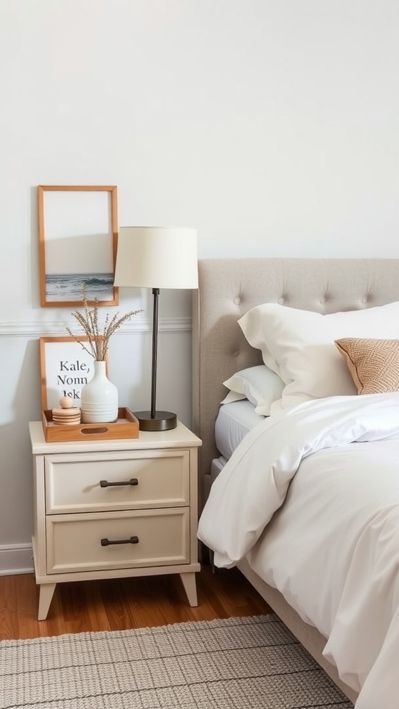 A cozy bedroom featuring a simple nightstand with storage, lamp, and decorative elements.