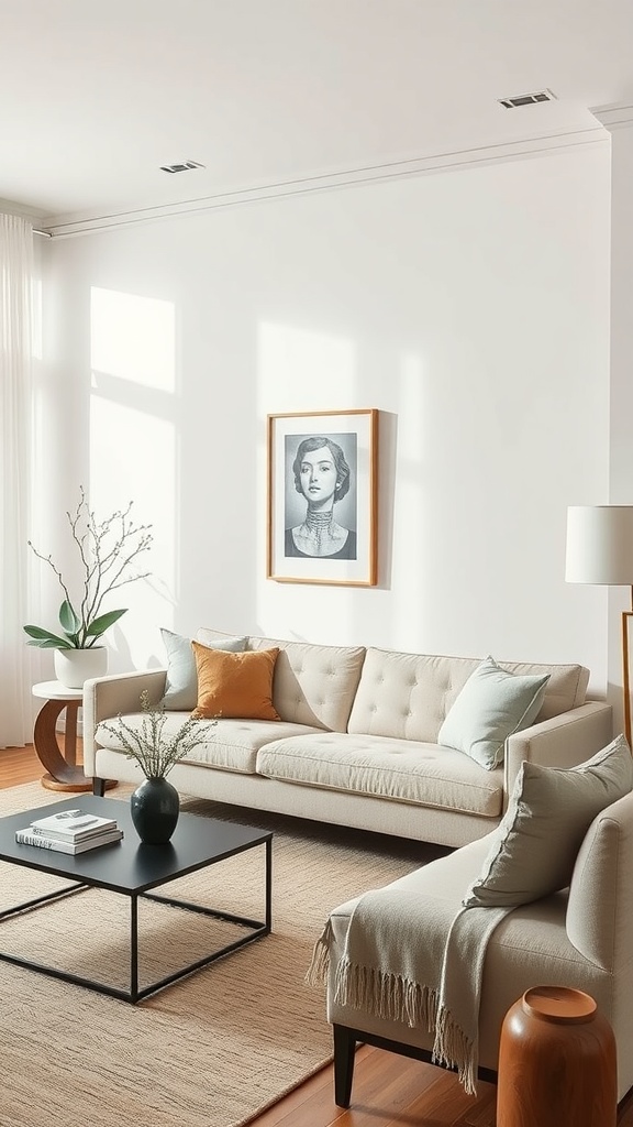 A simple and elegant wabi-sabi living room with a beige sofa, light-colored cushions, a black coffee table, and minimal decor.