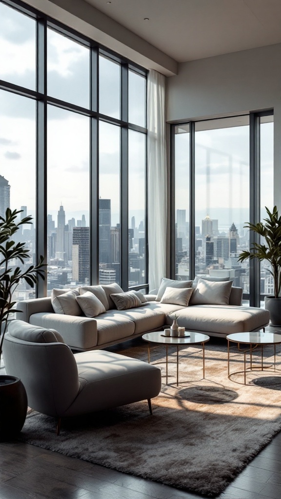 Sleek minimalist penthouse living area with large windows and city views.