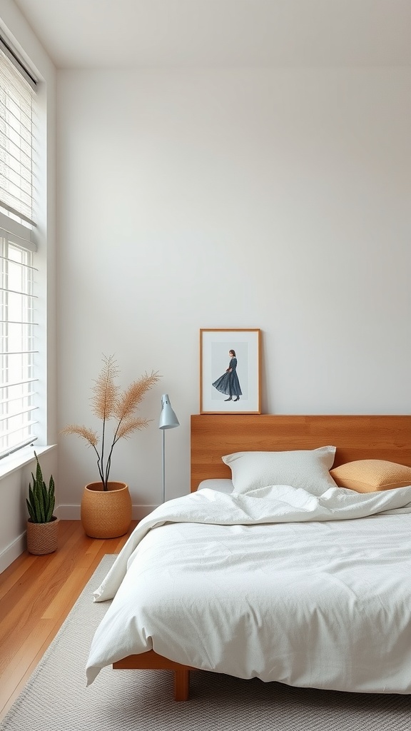 A minimalist bedroom featuring a wooden bed, soft bedding, and natural decor.