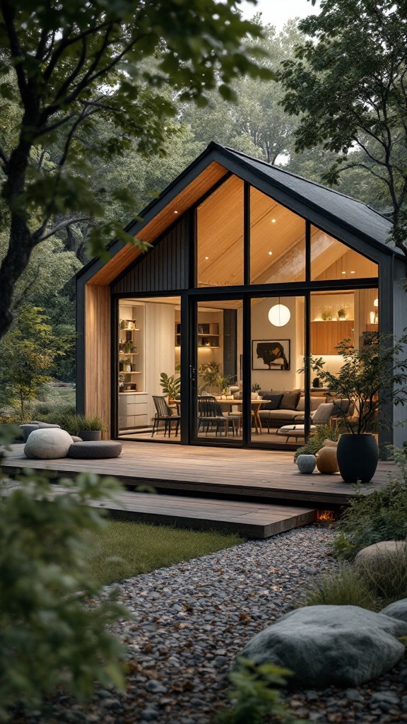 A modern cottage house with large windows and a wooden deck surrounded by greenery.