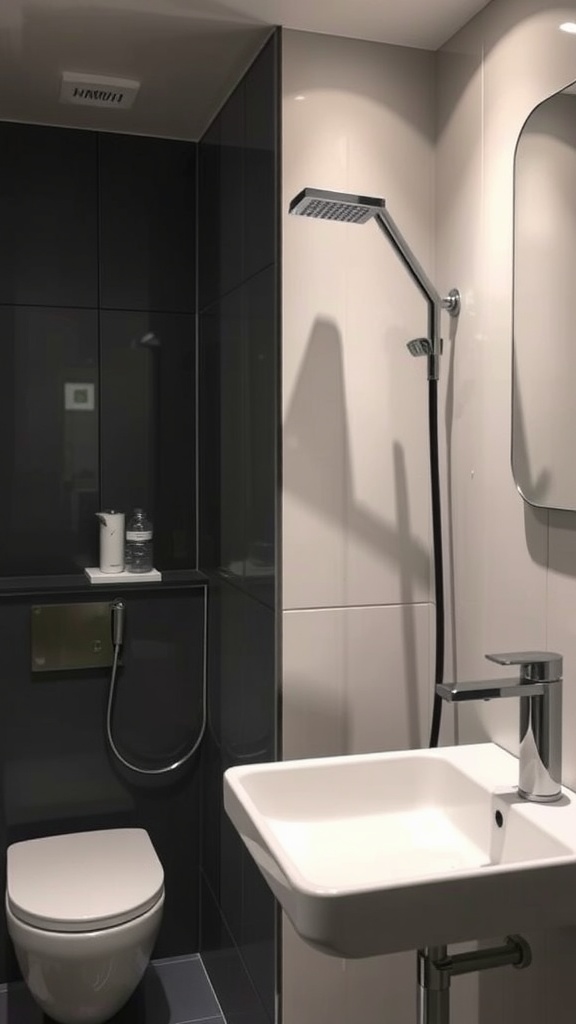 A modern small bathroom featuring a shower, toilet, and sleek sink design.