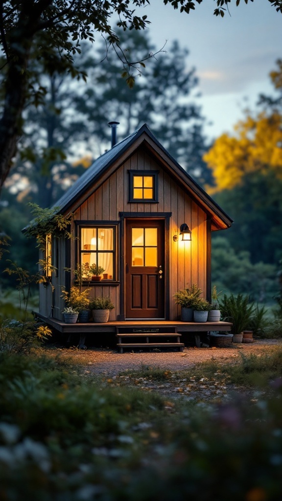 Cozy tiny house with warm lighting in a natural setting