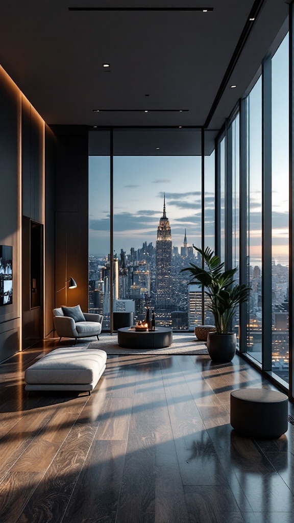 Modern penthouse living room with city skyline view, featuring sleek furniture and smart technology.