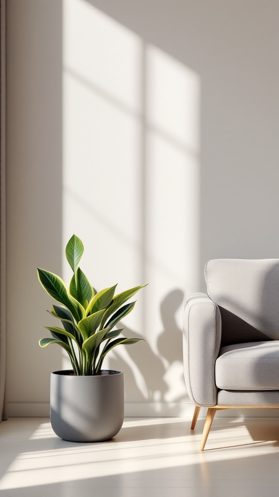 A snake plant in a modern gray pot beside a gray couch, illuminated by sunlight.