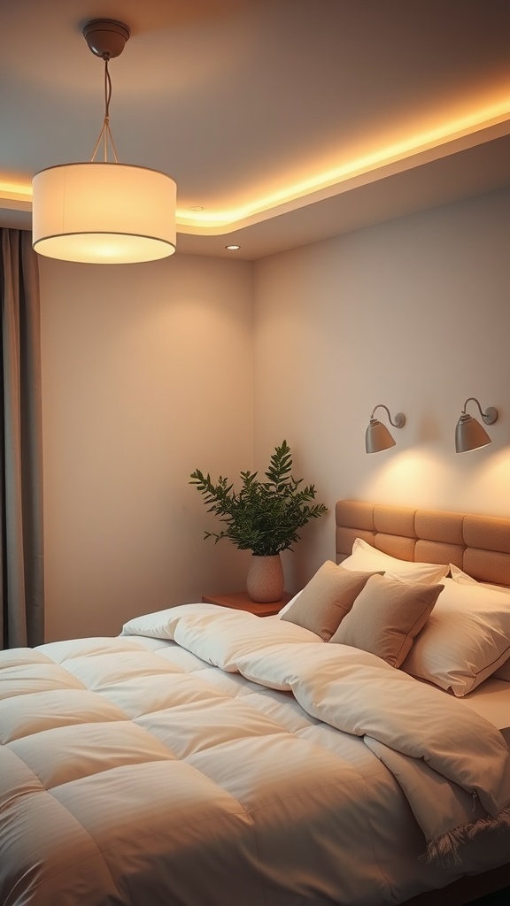 Cozy bedroom with soft ambient lighting and neutral decor.