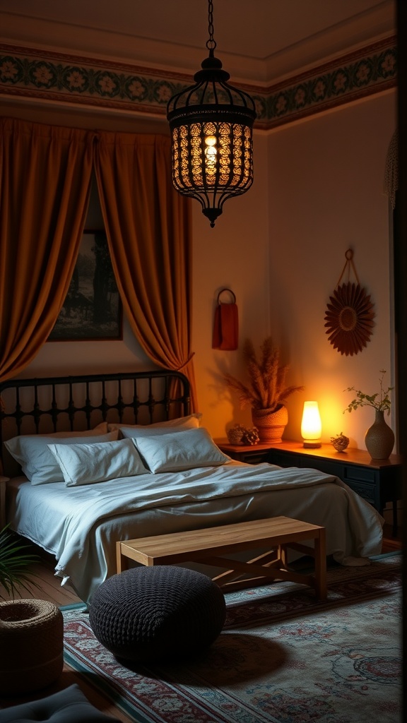 A beautifully decorated Moroccan-style bedroom featuring soft ambient lighting with warm tones.