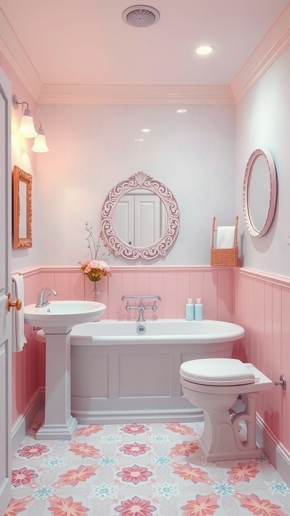 Aesthetic bathroom with soft pastel colors, featuring a bathtub, flowers, and vintage decor.