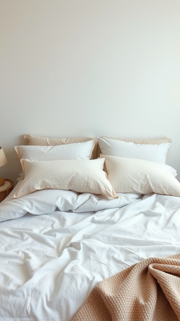 A cozy bed with soft textured bedding featuring white and beige pillows and a light brown throw blanket.