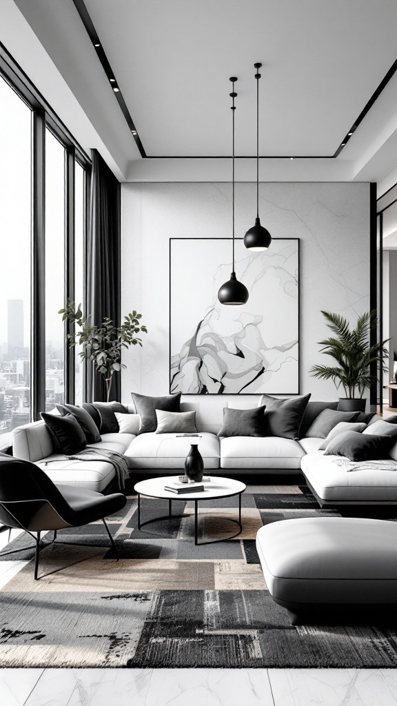 A stylish monochrome living room featuring a modern sofa, abstract art, and large windows with city views.