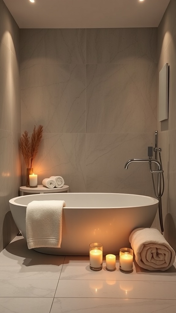 A serene bathroom featuring a large white bathtub surrounded by candles and soft towels, creating a calming spa-like atmosphere.